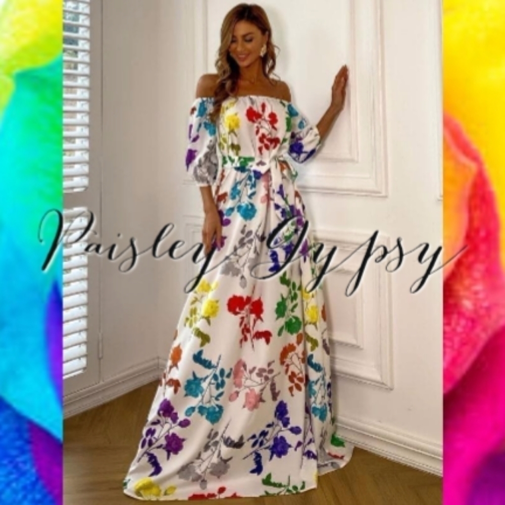 Glamorous Rainbow Floral Maxi Off the Shoulder Formal Gown